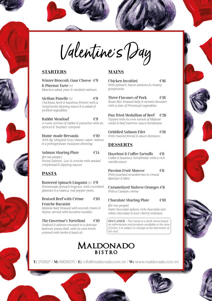 Valentines menu 2018 - Valentine Gozo